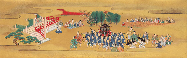 (pintura) Año 1607, Traslado del shintai a Sendai (Extraído de “Osaki Hachimangu Raiyuki”)